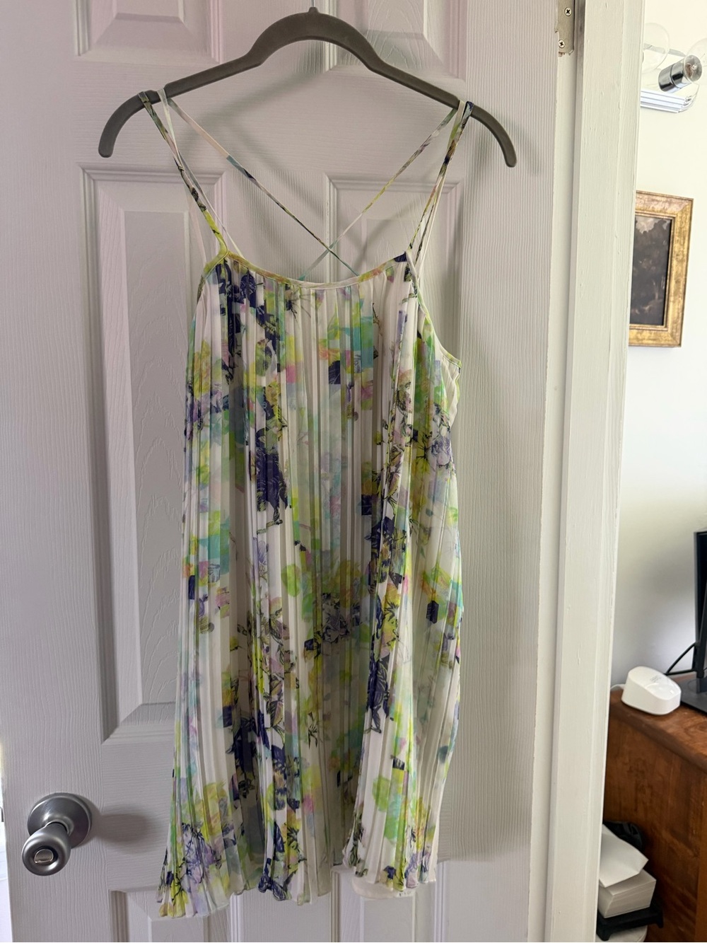 BCBGeneration White Pleated Spaghetti Strap Floral Dress